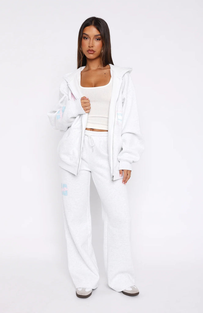 Zip Front Hoodie + Wide Leg Sweatpants Set Grey Marle