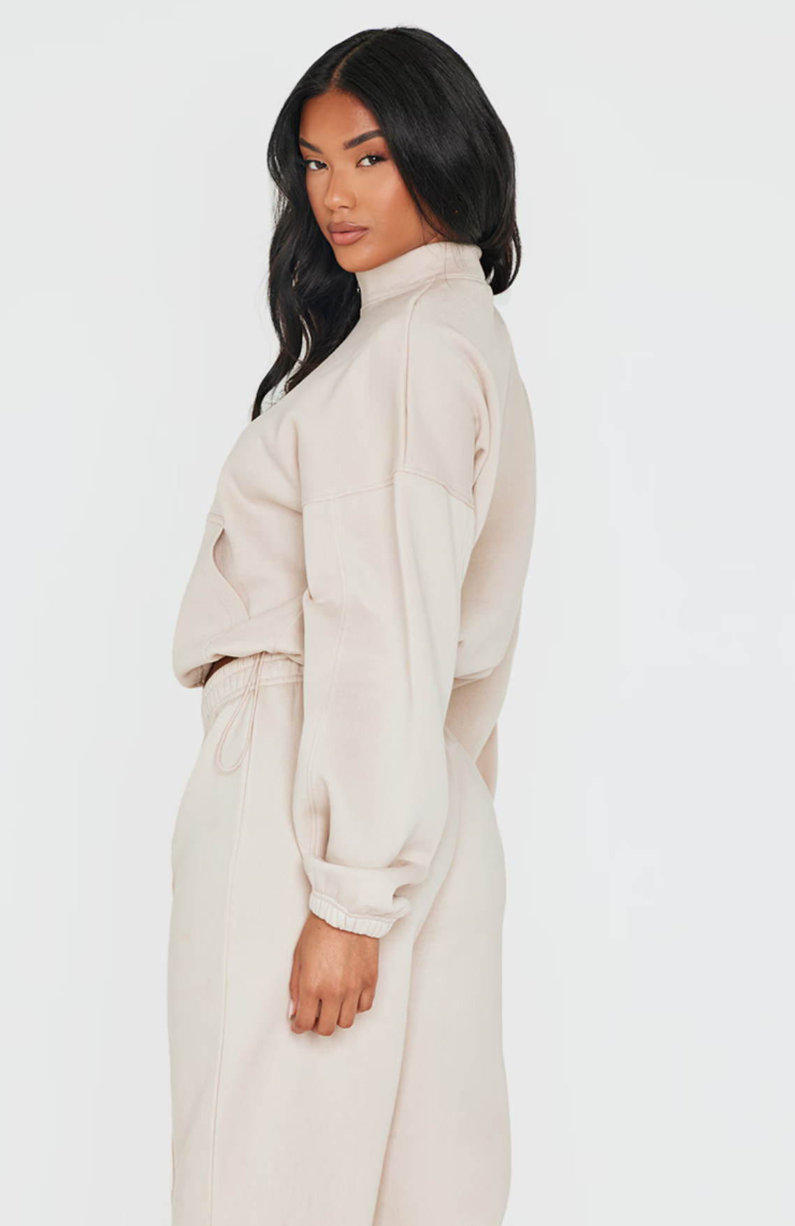 Beige Rib Pocket Seam Detail Half Zip Sweatshirt Set