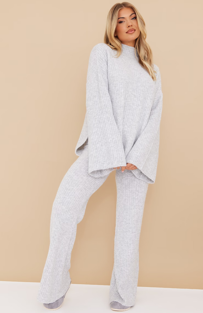 Grey Luxe Rib Knit Oversized Jumper Set