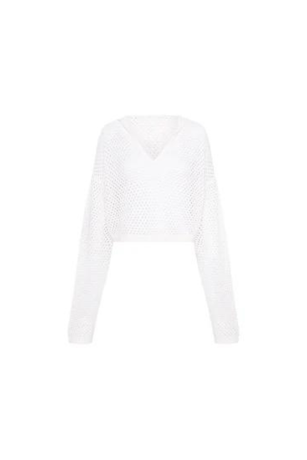 CROCHET KNIT CROPPED HOODIE - WHITE