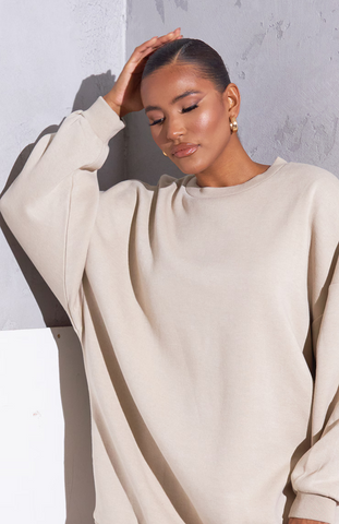 Sleeve Oversized Sweat Jumper Dress - Beige