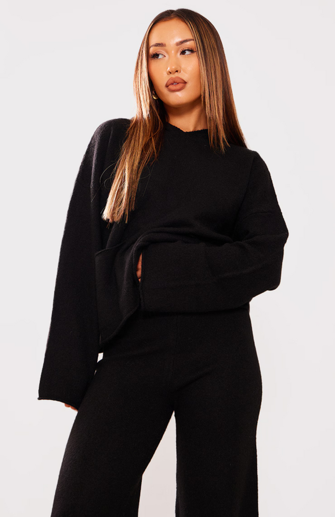 Black Luxe Knit Pocket Hooded Jumper Set