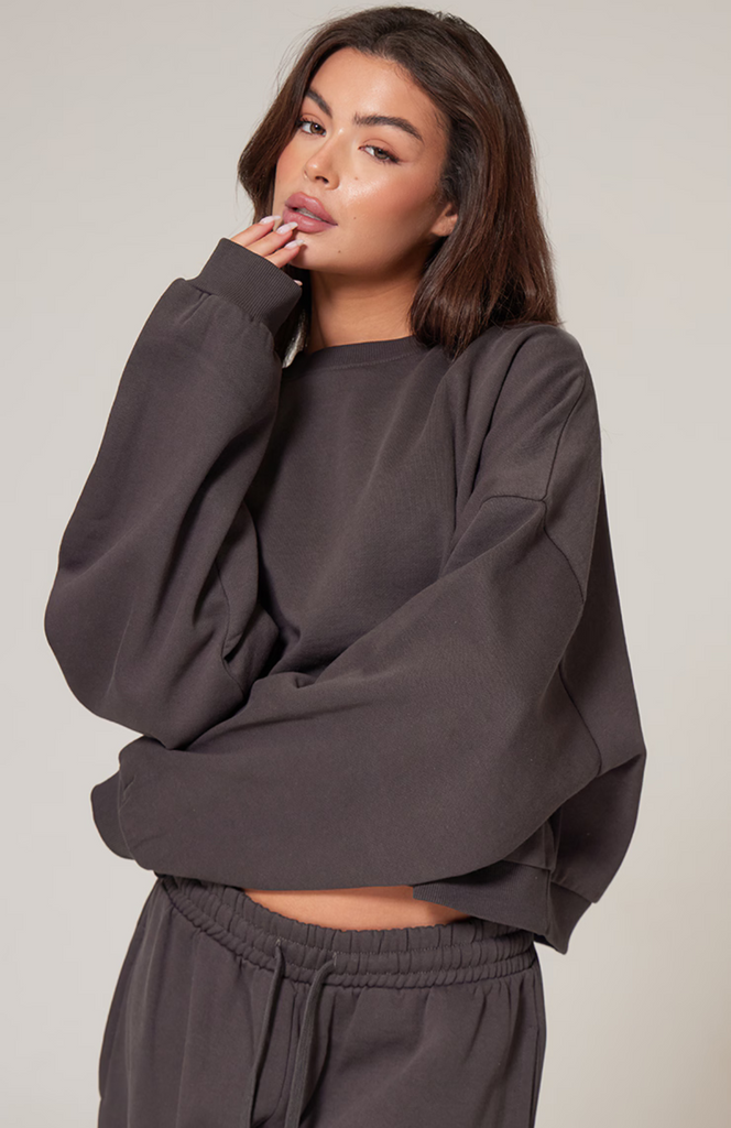 Premium Studio Print Boxy Sweatshirt Set - Charcoal