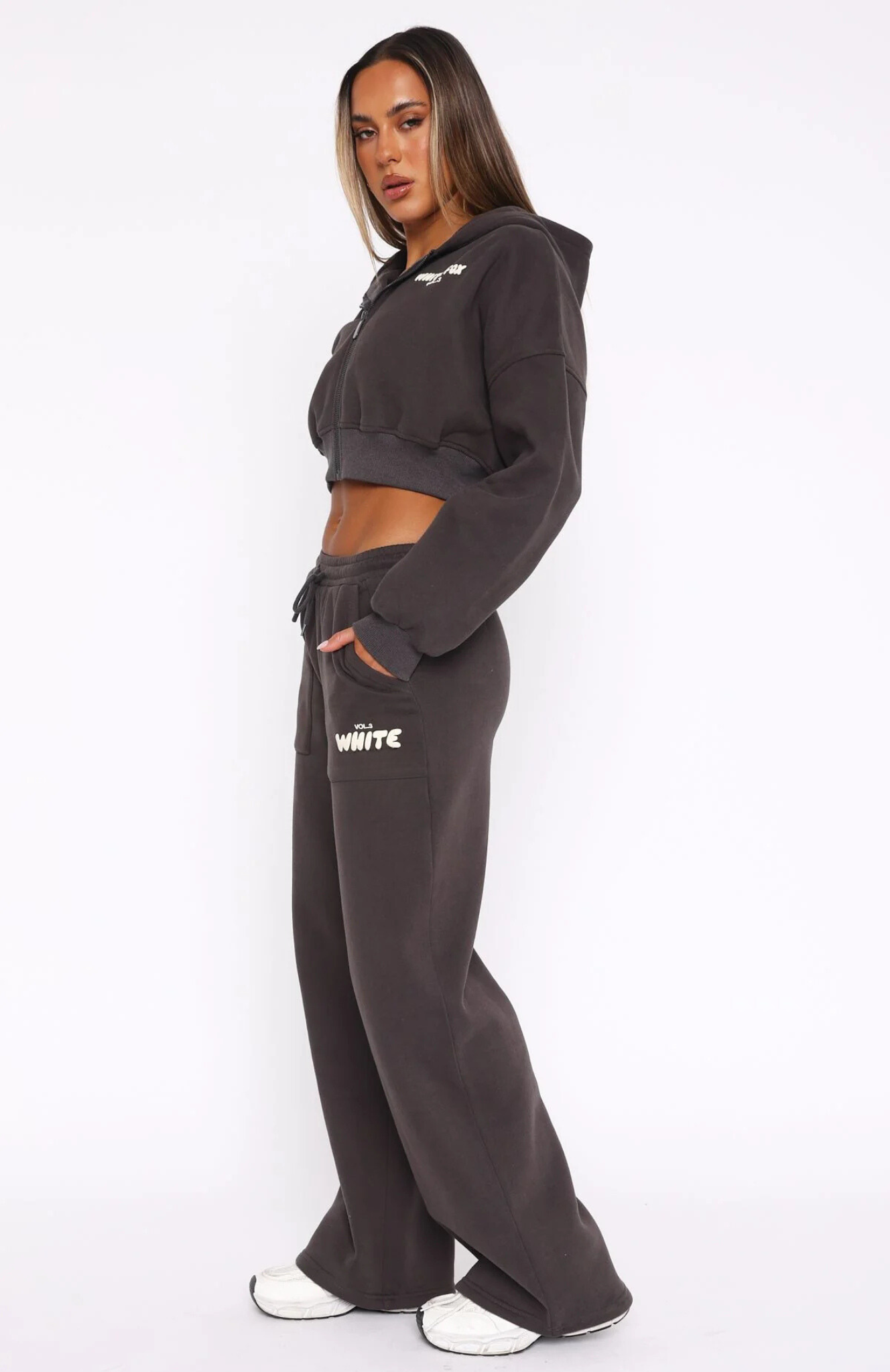 Cropped Zip Hoodie + Wide Leg Sweatpants - Shadow