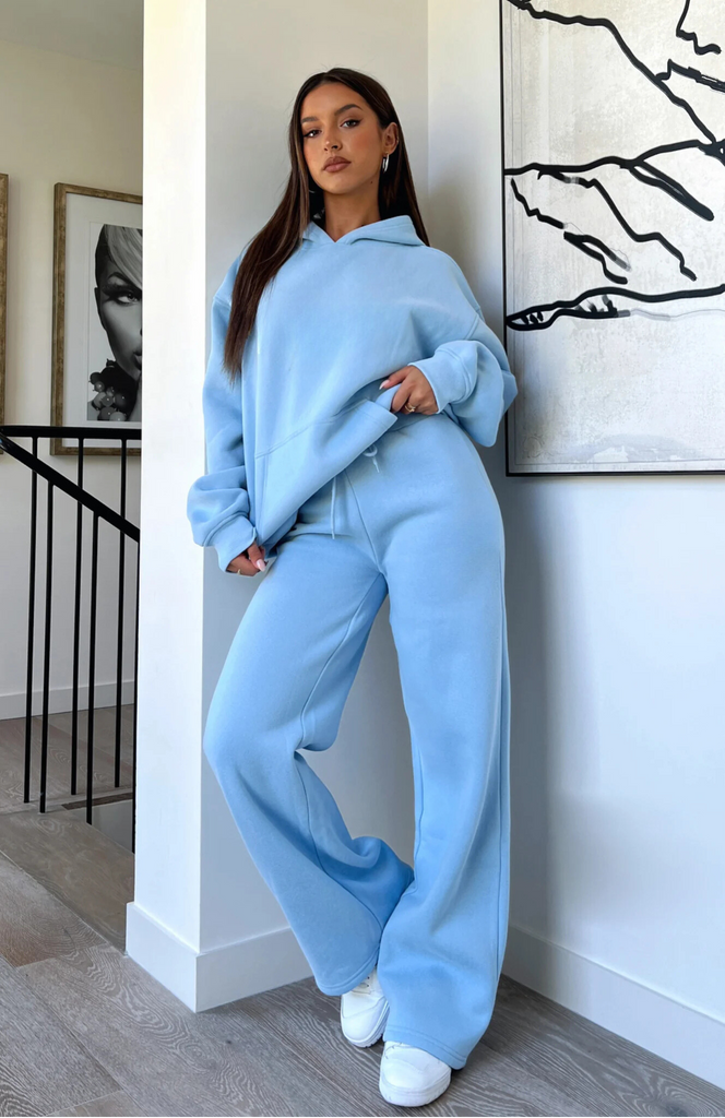 Oversized Hoodie + Wide Leg Sweatpants Set - Soft Blue