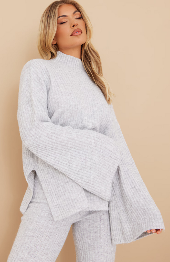 Grey Luxe Rib Knit Oversized Jumper Set