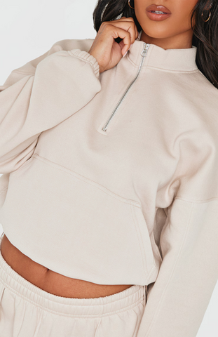 Beige Rib Pocket Seam Detail Half Zip Sweatshirt Set