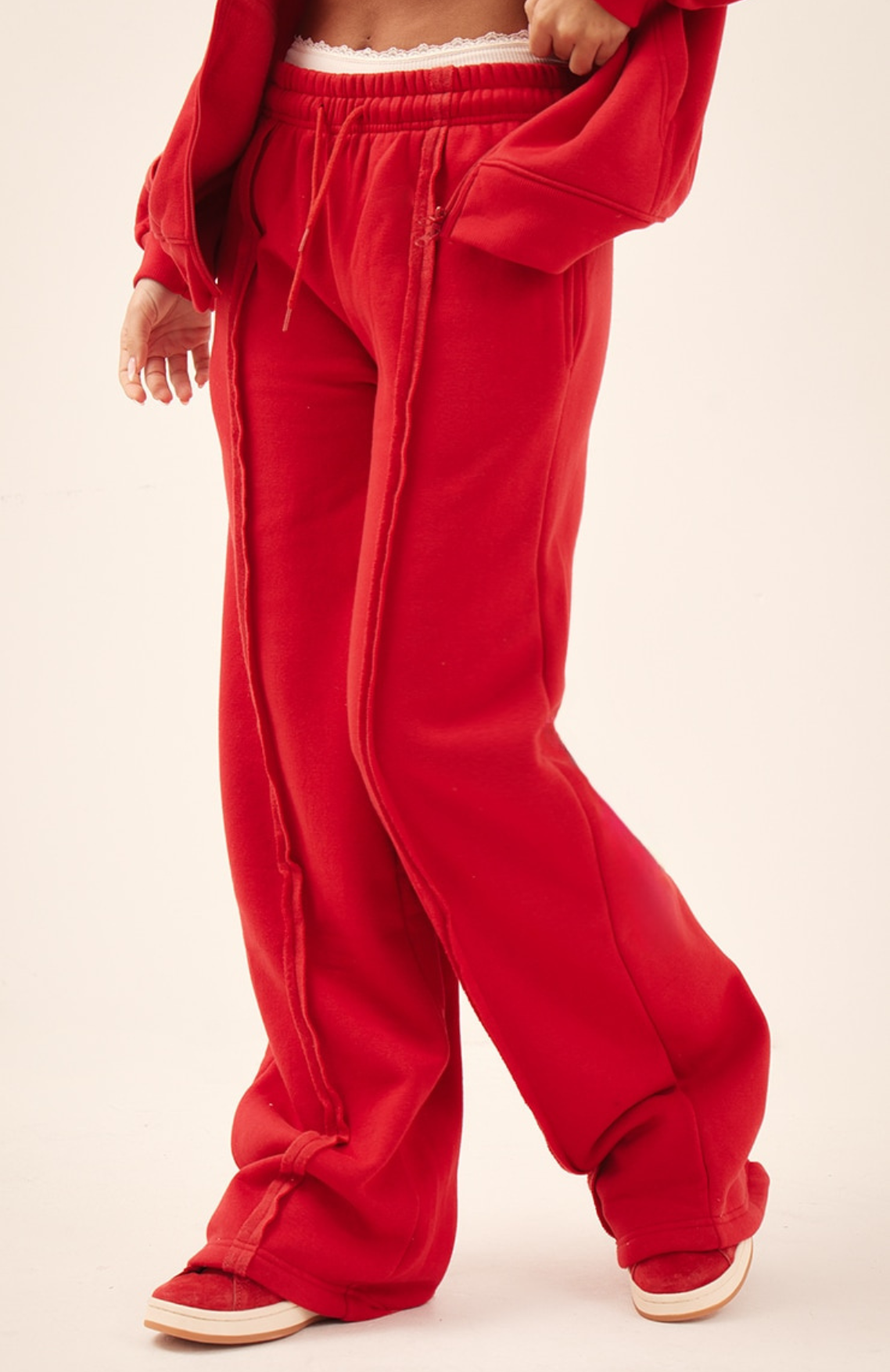 Oversized Wide Leg Seam Detail Joggers Set - Red