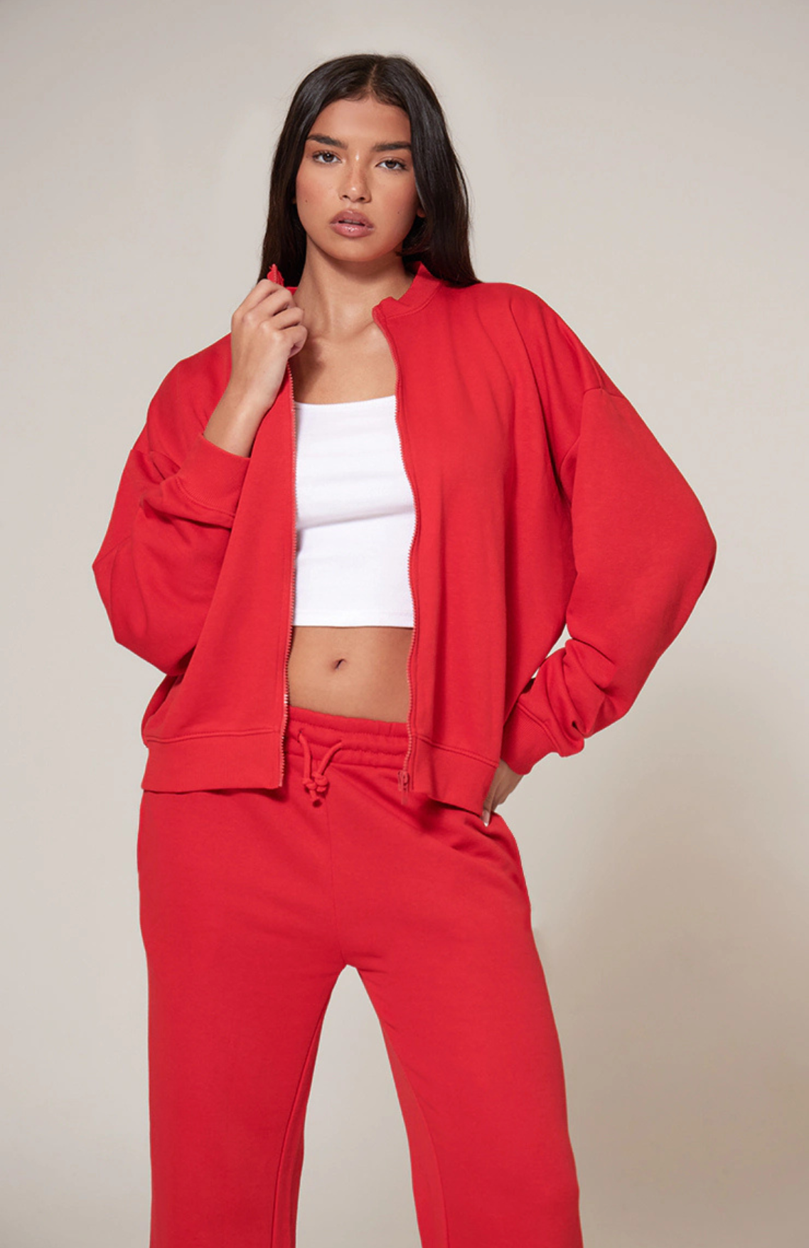 Oversized Zip Up Sweatshirt Set -Red