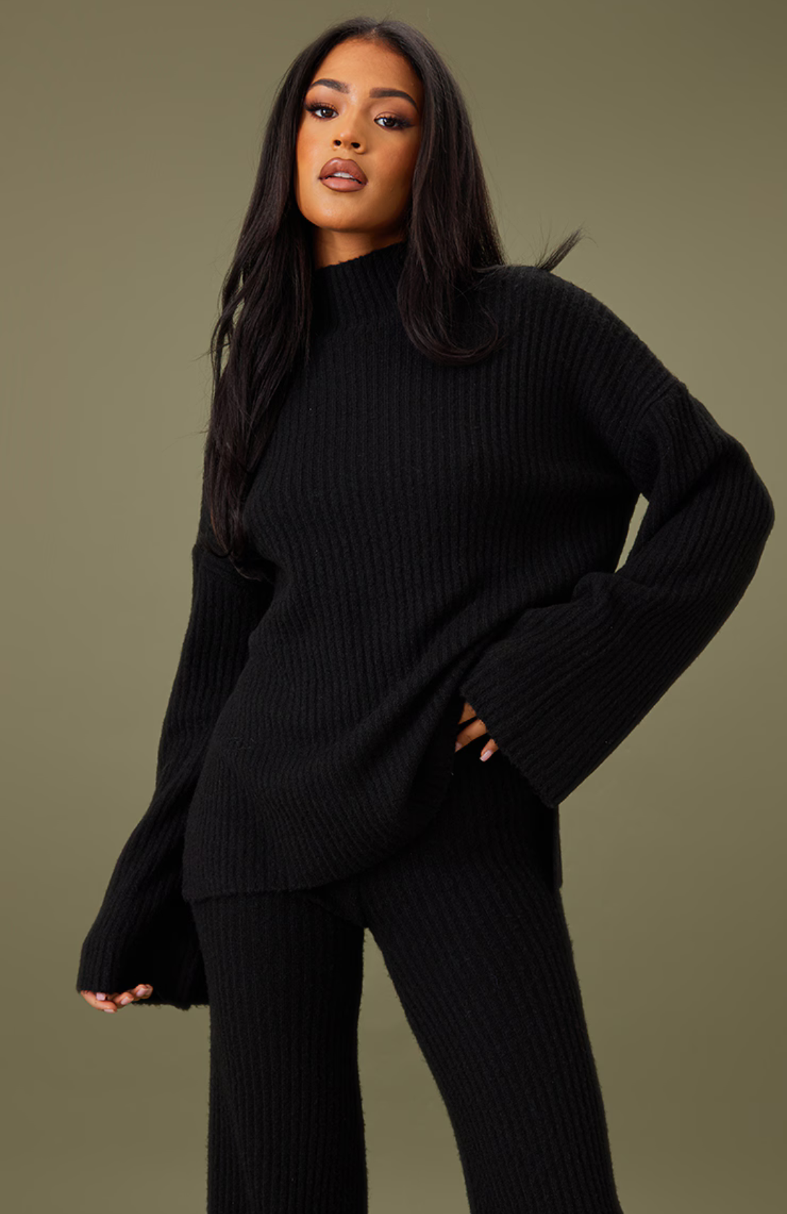 Tall Black Luxe Rib Knit Oversized Jumper Set