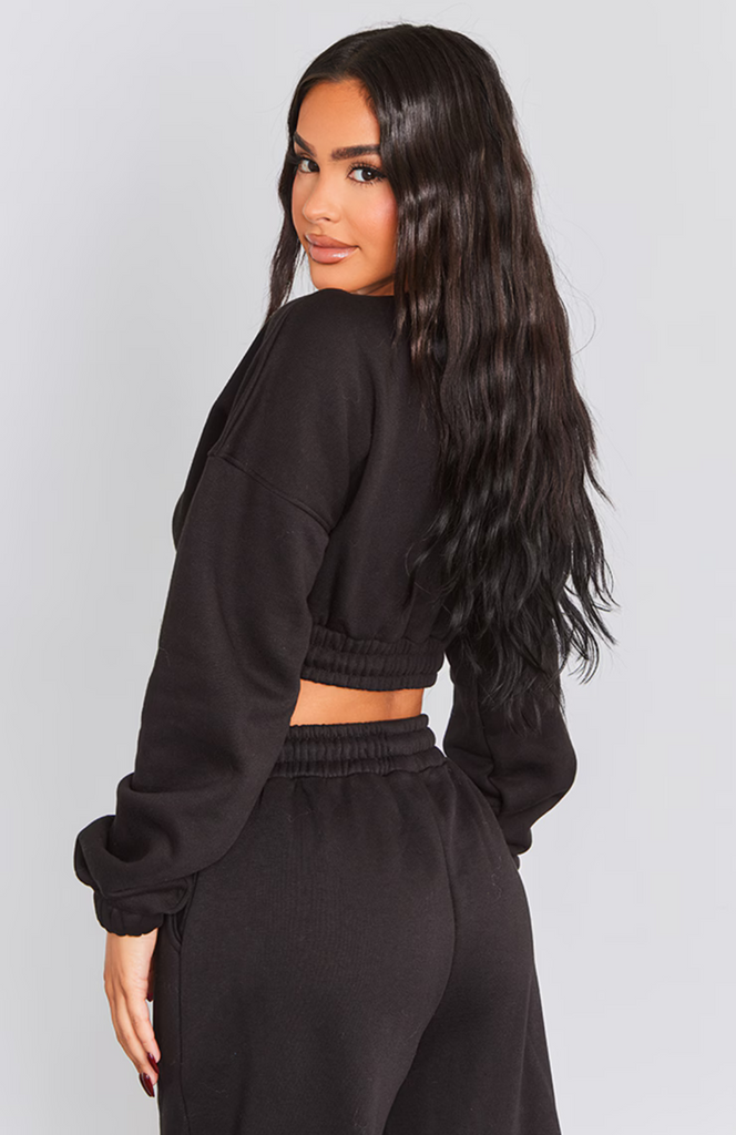 Cropped Elasticated Detail Sweat Top - Black