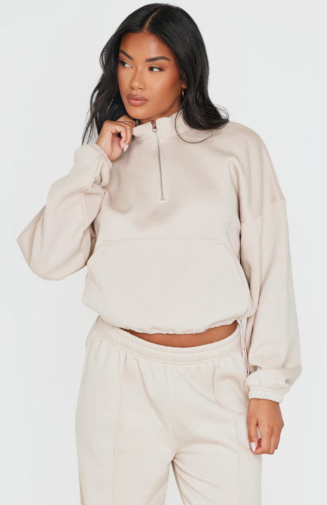 Beige Rib Pocket Seam Detail Half Zip Sweatshirt Set