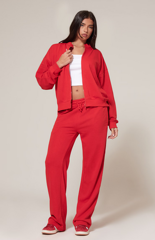 Oversized Zip Up Sweatshirt Set -Red