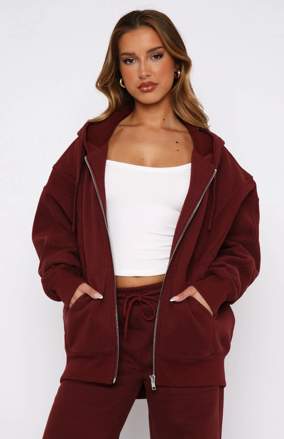 Oversized Zip Front Hoodie + Wide Leg Sweatpants Set - Merlot