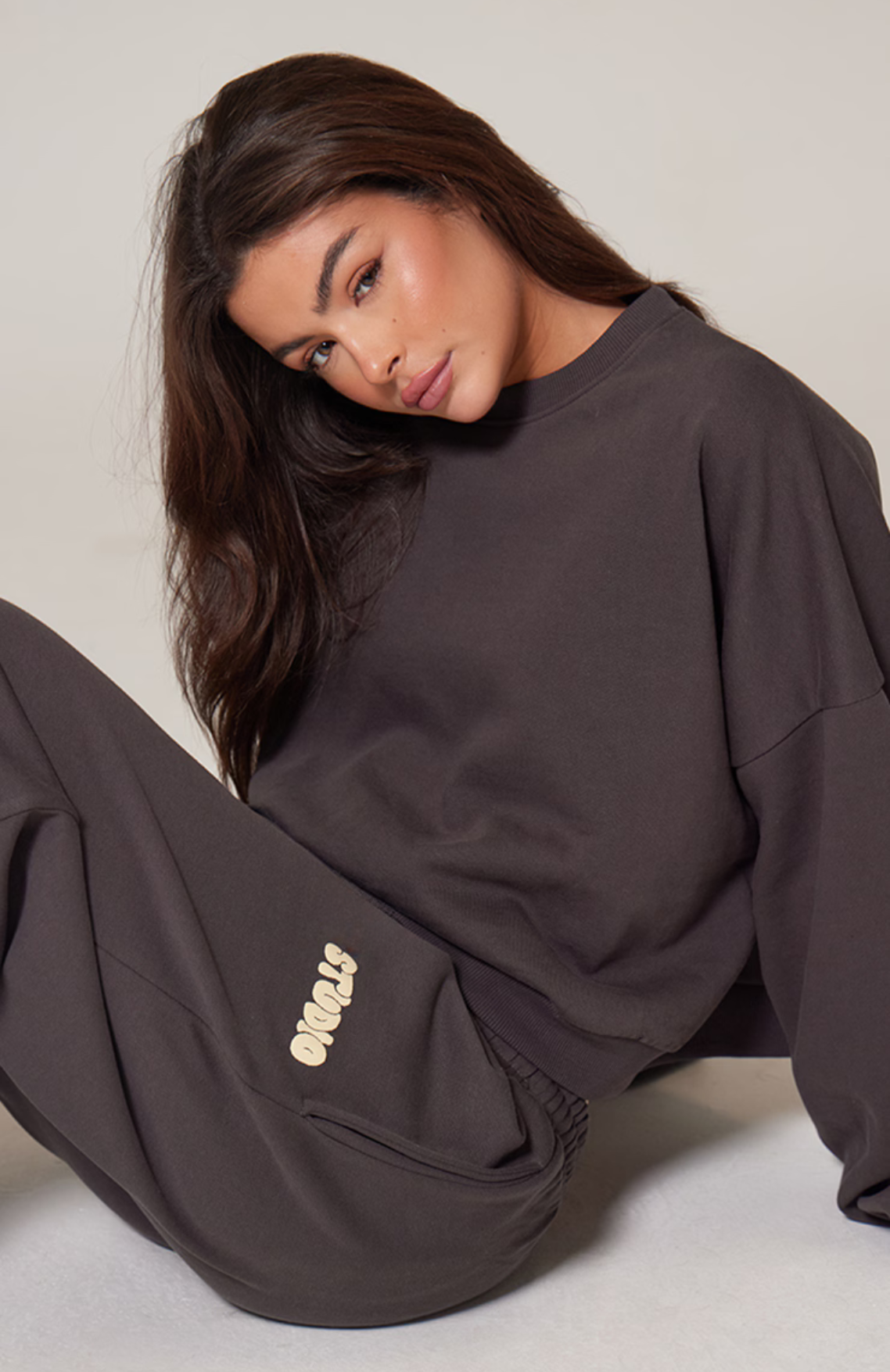 Premium Studio Print Boxy Sweatshirt Set - Charcoal