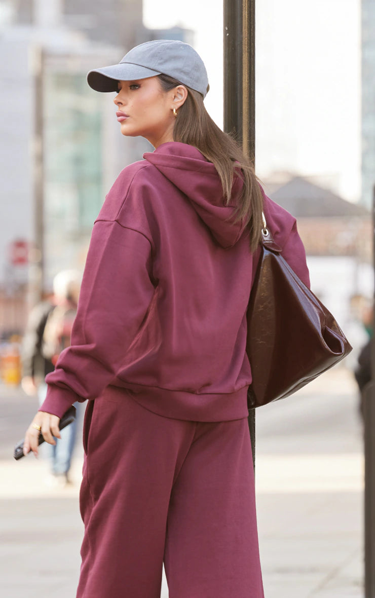 Oversized Premium Zip Up Hoodie Set - Burgundy