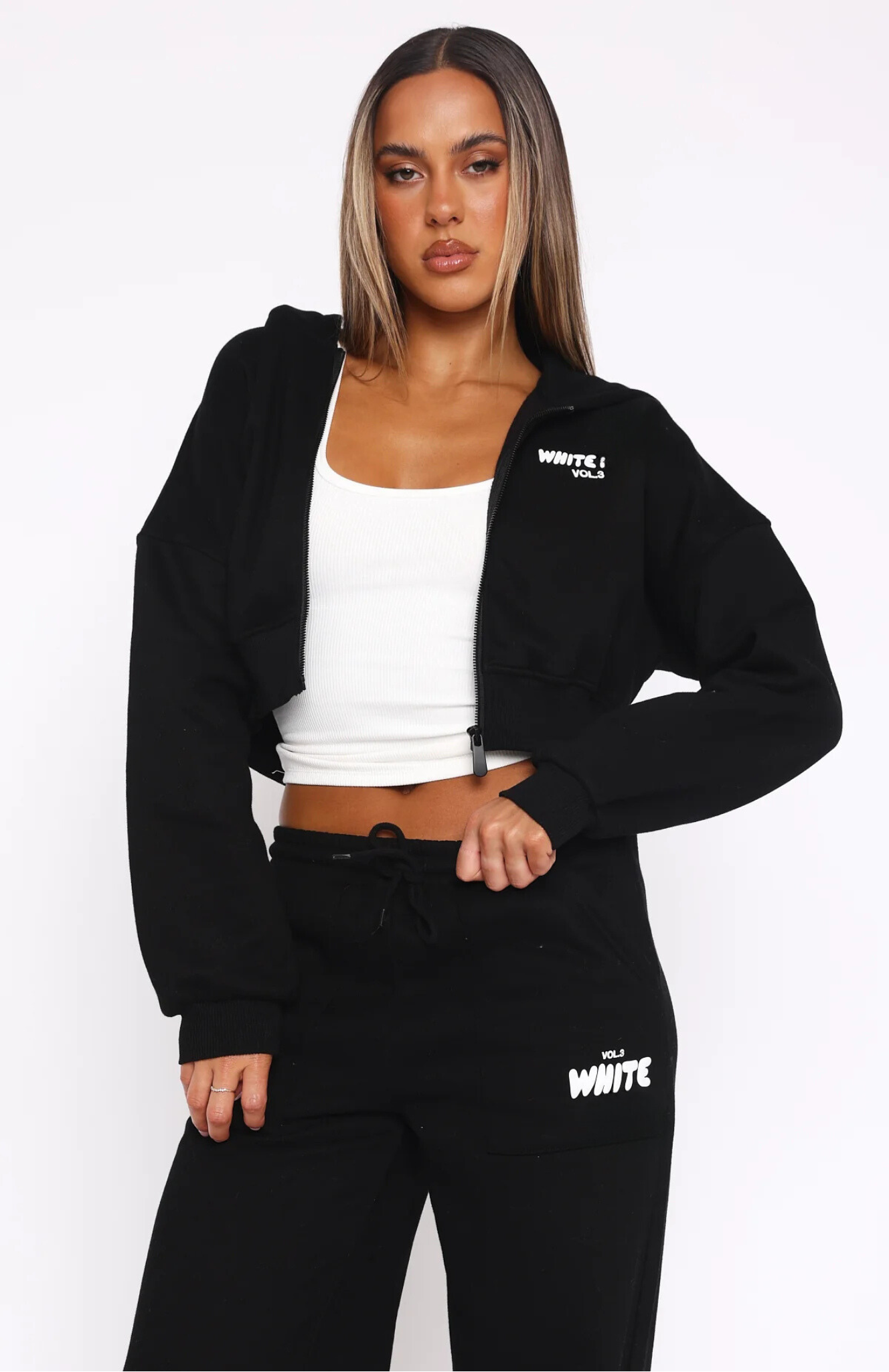 Cropped Zip Hoodie + Wide Leg Sweatpants Mineral Set - Monochrome