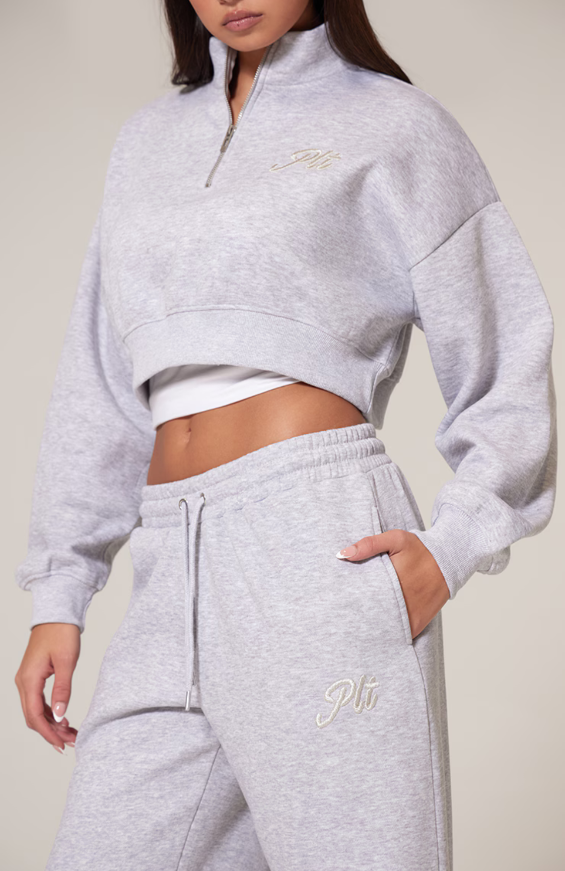 Tonal Embroidered Wide Leg Jogger - Grey Marl