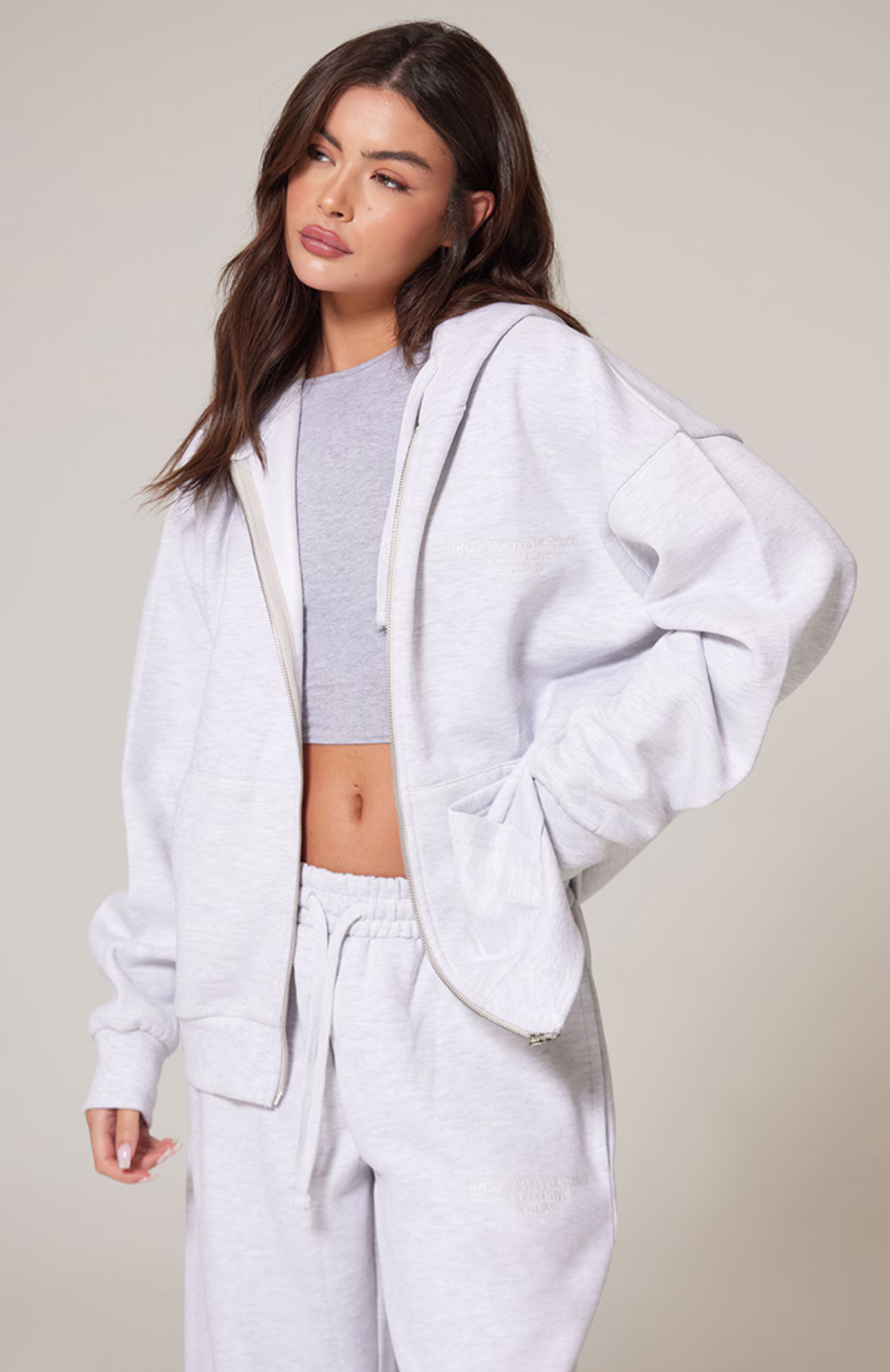 Premium Embroidered Zip Front Oversized Hoodie Set - Ash Grey