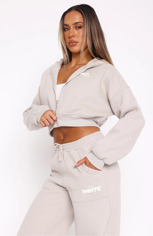 Cropped Zip Hoodie + Wide Leg Sweatpants Mineral Set - Moon