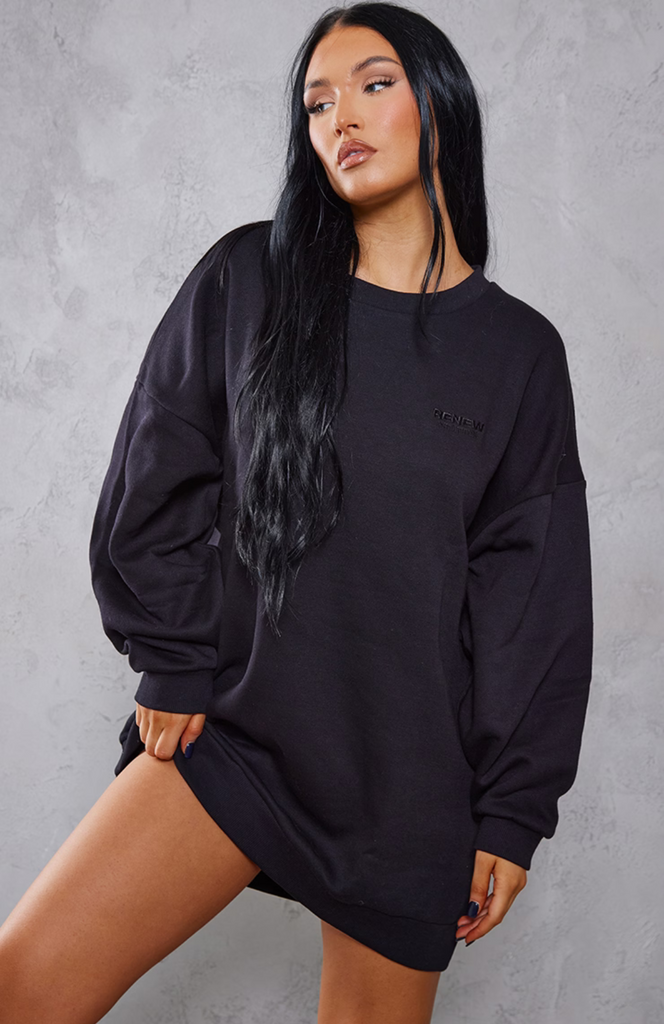 Sleeve Oversized Sweat Jumper Dress - Black