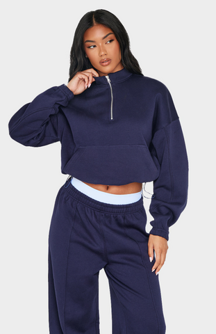 Blue Grey Rib Pocket Half Zip Sweatshirt Set