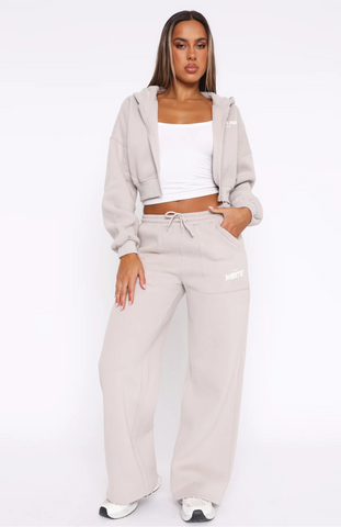 Cropped Zip Hoodie + Wide Leg Sweatpants Mineral Set - Moon