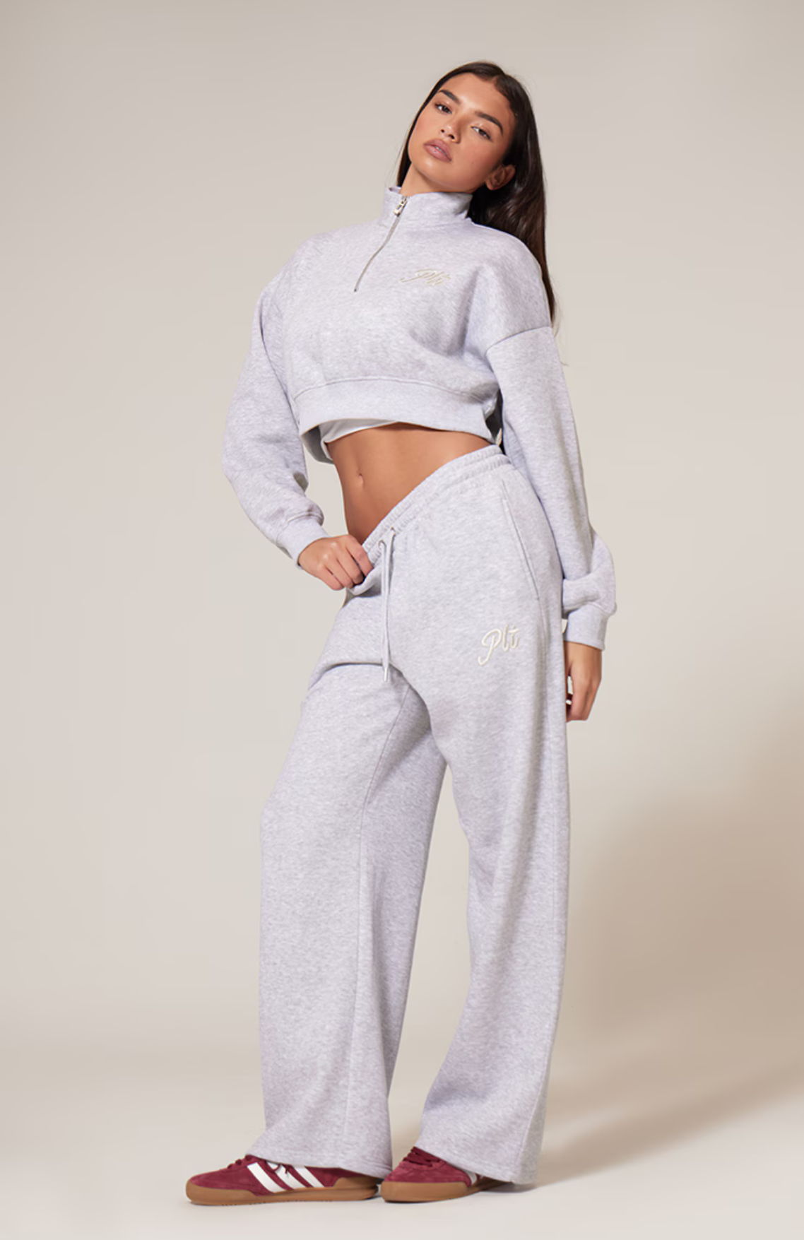 Tonal Embroidered Wide Leg Jogger - Grey Marl