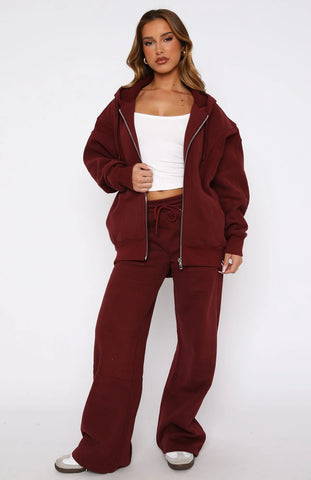 Oversized Zip Front Hoodie + Wide Leg Sweatpants Set - Merlot