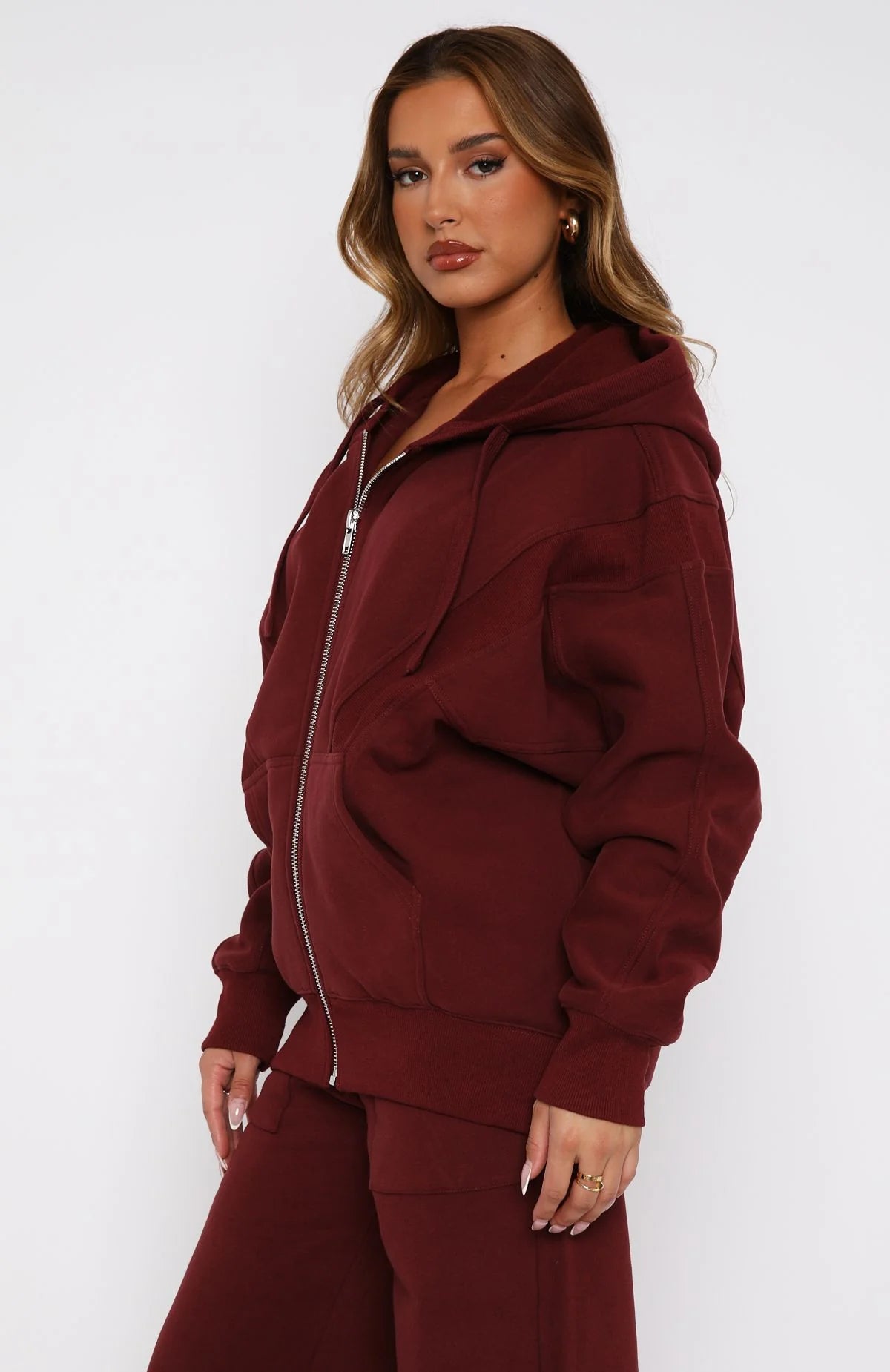 Oversized Zip Front Hoodie + Wide Leg Sweatpants Set - Merlot