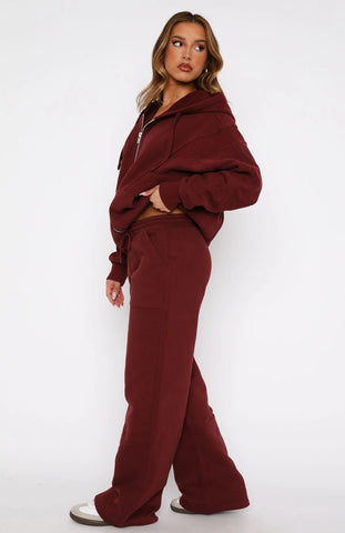 Oversized Zip Front Hoodie + Wide Leg Sweatpants Set - Merlot