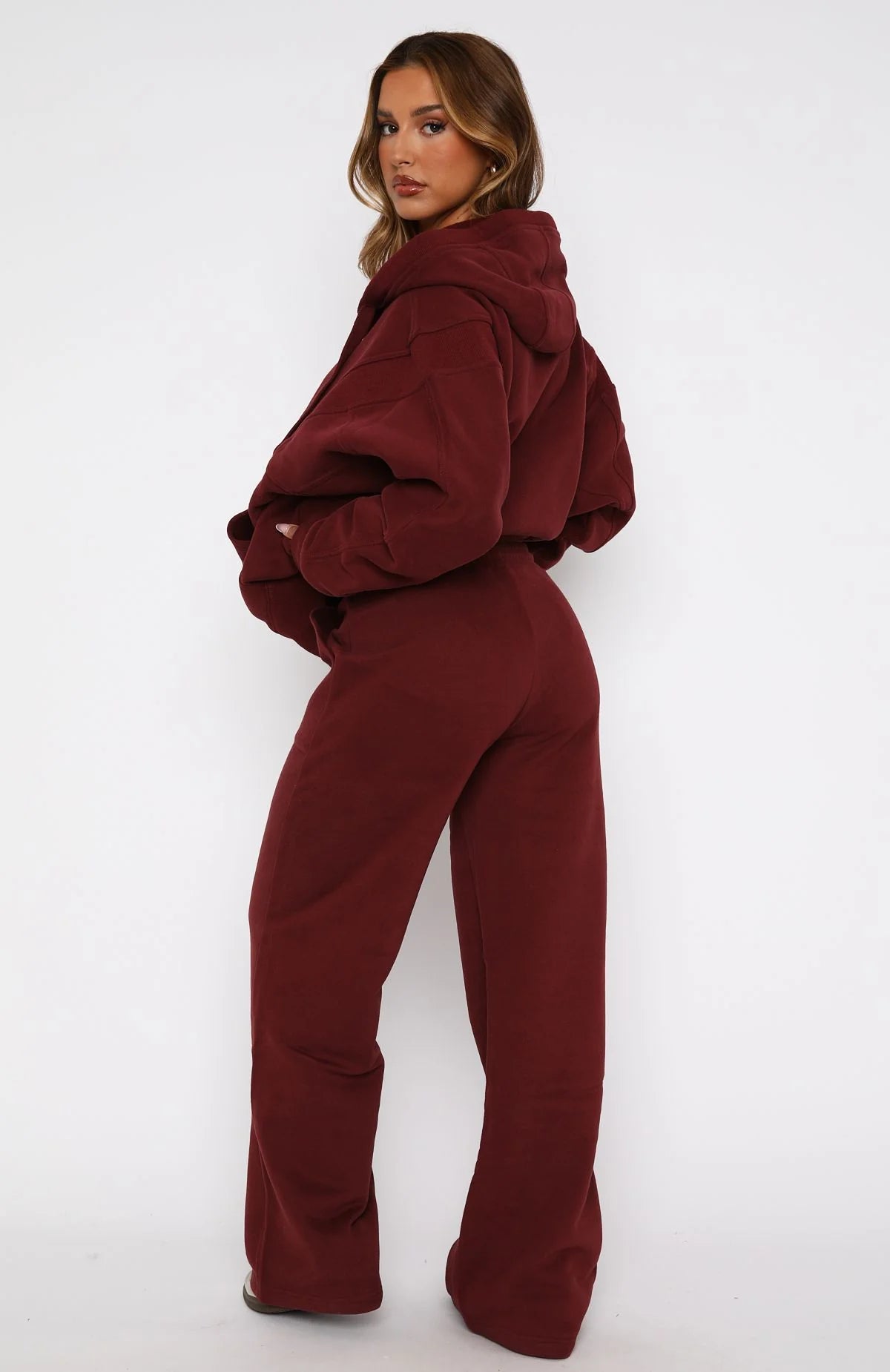 Oversized Zip Front Hoodie + Wide Leg Sweatpants Set - Merlot