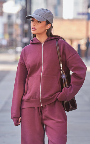 Oversized Premium Zip Up Hoodie Set - Burgundy