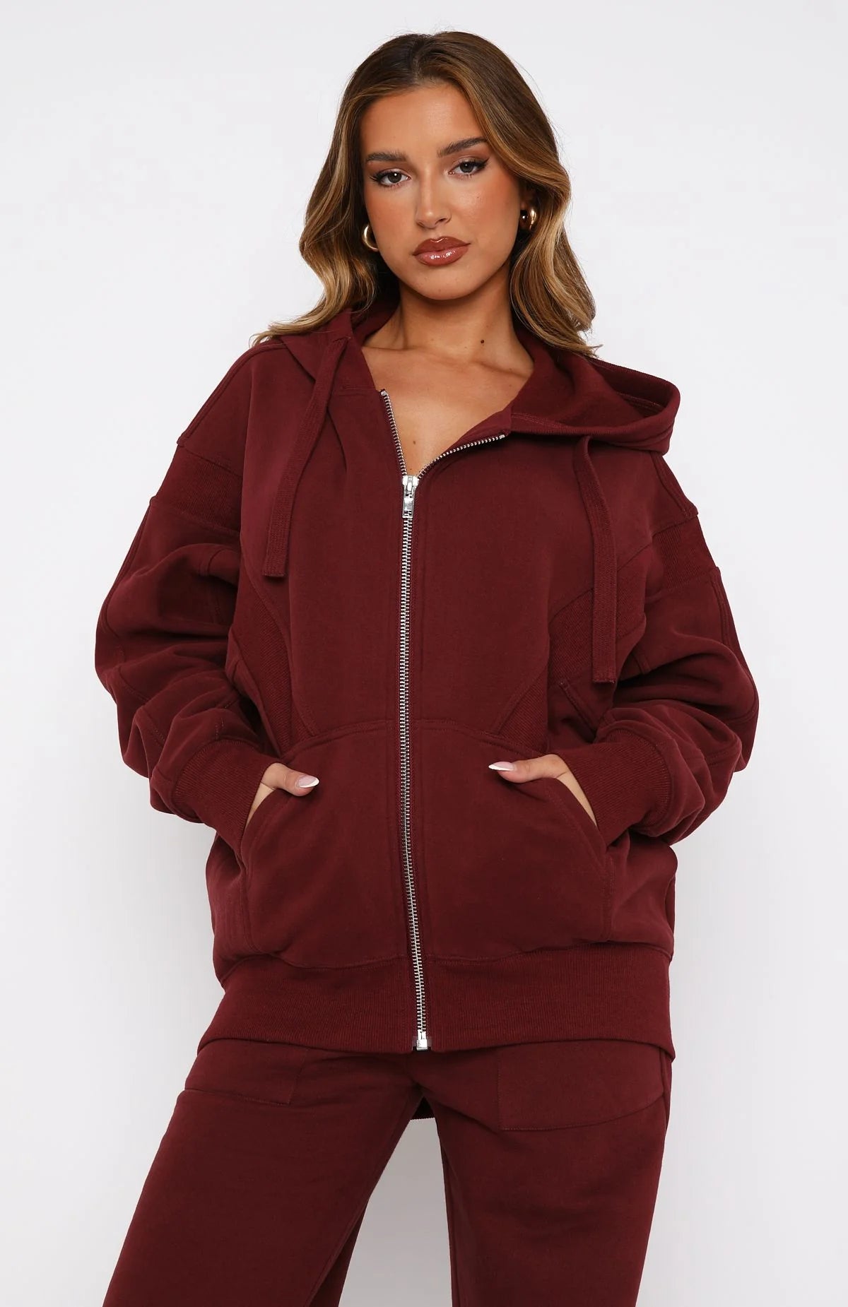 Oversized Zip Front Hoodie + Wide Leg Sweatpants Set - Merlot