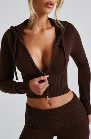 Aria Knit Hoodie Set - Chocolate