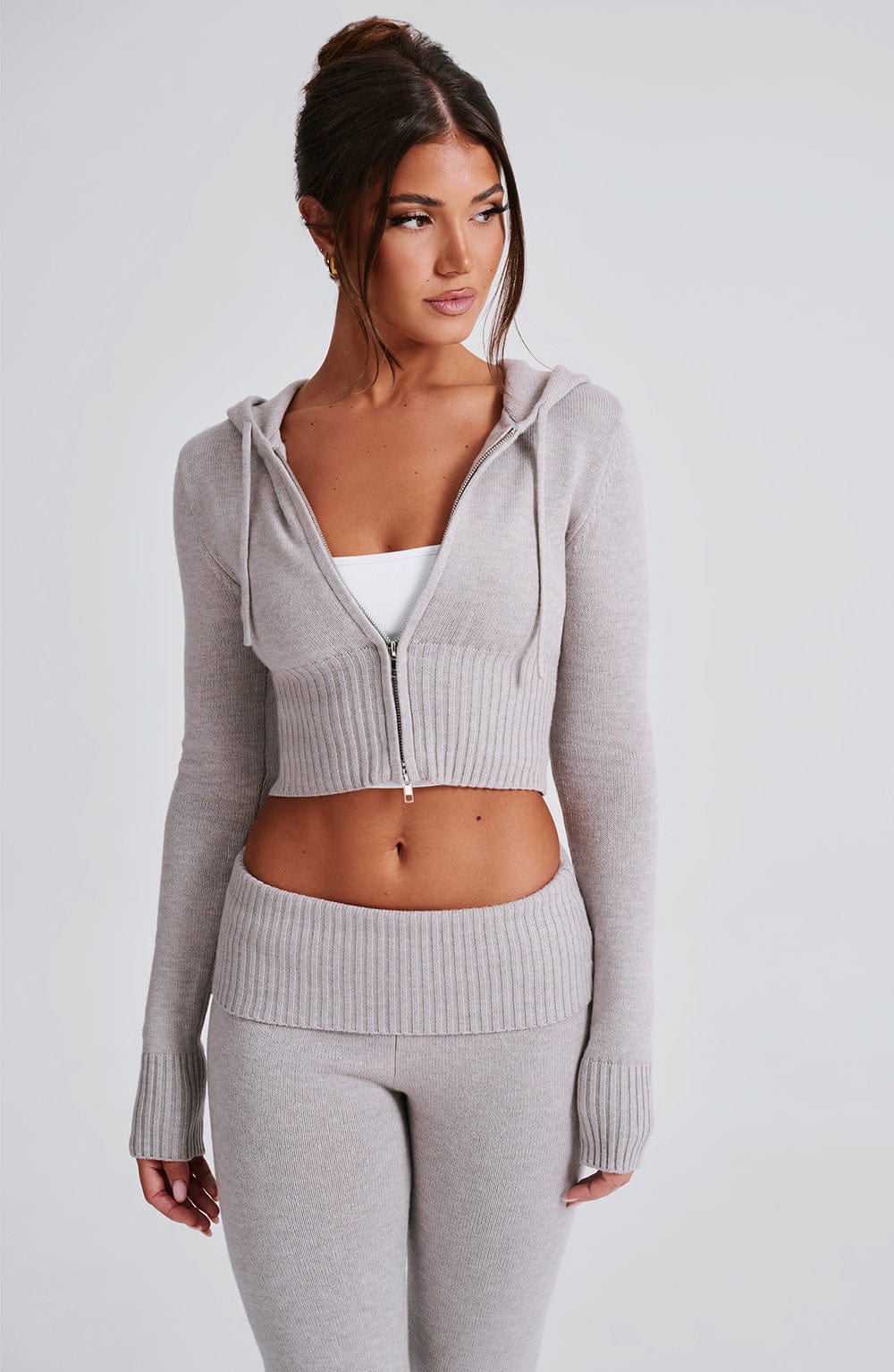 Aria Knit Hoodie Set - Light Grey Marl