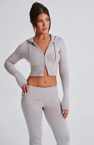 Aria Knit Hoodie Set - Light Grey Marl