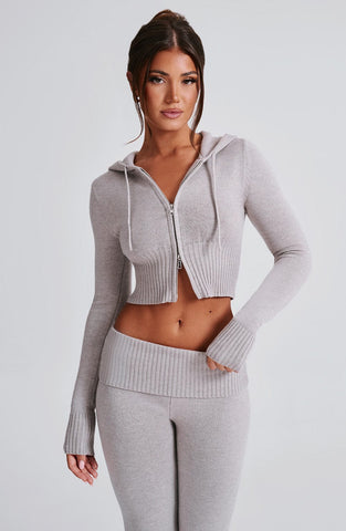 Aria Knit Hoodie Set - Light Grey Marl