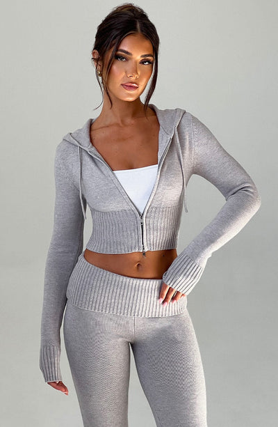 Aria Knit Hoodie Set - Light Grey Marl