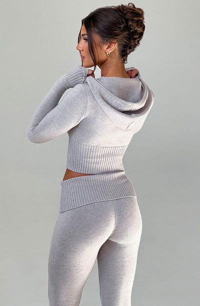 Aria Knit Hoodie Set - Light Grey Marl