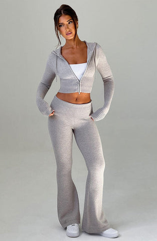 Aria Knit Hoodie Set - Light Grey Marl