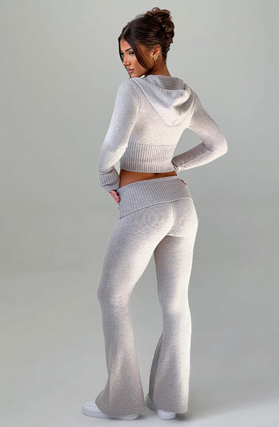 Aria Knit Hoodie Set - Light Grey Marl