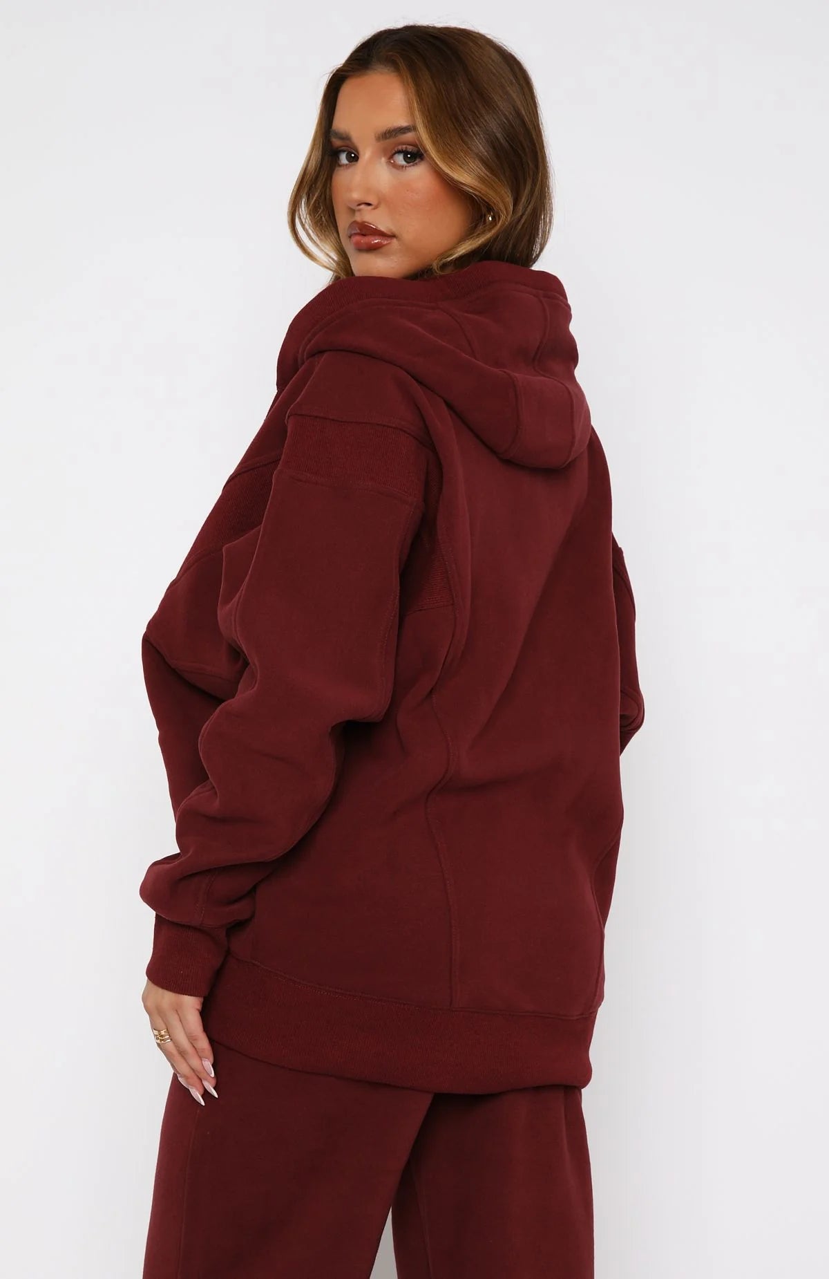 Oversized Zip Front Hoodie + Wide Leg Sweatpants Set - Merlot